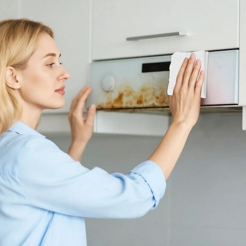 Woman using Heavy Duty Kitchen Cleaning Wipes For Microwave Air Fryer Stove And Cooktops All Purpose Appliance Cleaner Cloths
