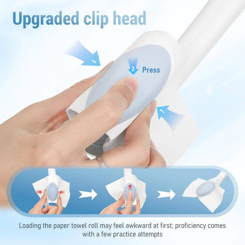 Close-up of Newly Upgraded Silicone Top Toilet Paper Clamp with Wipes Holder, showing hands pressing the silicone clip head.