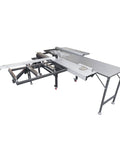 Pro Grade 220V Woodworking Table Saw With Dust Free Housing And Smooth Four Way Swing Arm For Razor Sharp Precision Cuts Includes Eight And Four Inch Blades Solid Shop Bench Tool on a sturdy steel frame.