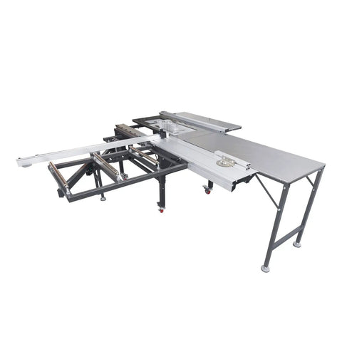 Pro Grade 220V Woodworking Table Saw With Dust Free Housing And Smooth Four Way Swing Arm For Razor Sharp Precision Cuts Includes Eight And Four Inch Blades Solid Shop Bench Tool on a sturdy steel frame.