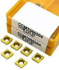 Top Notch 10 Pack Ccmt060204 Carbide Turning Inserts for High Speed CNC Lathe, showcasing six carbide inserts and storage box.