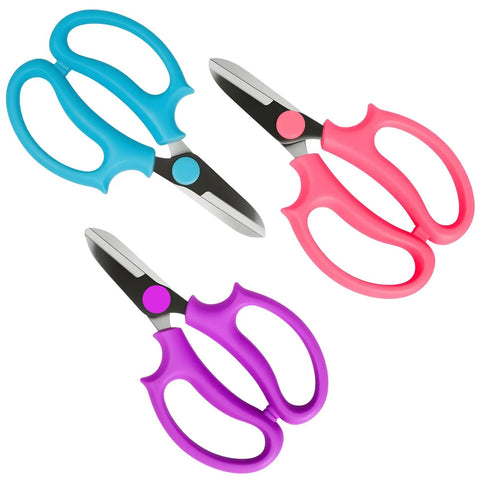 Three Pack Garden Flower Scissors Stainless Steel Floral Shears With All Day Comfort Grip Handles for Cutting Rose Stems Plants and Fruit Durable Rust Resistant Six Inch
