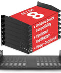 Premium Heavy Duty 1U Server Rack Shelves 19 Inch Vented Network Mounting Trays 8 Pack stacked with one shelf displayed.