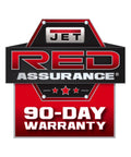 JET RED Assurance 90-Day Warranty badge in red and black with stars.