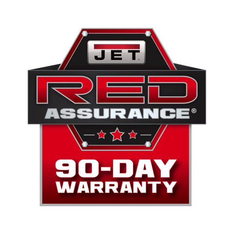 JET RED Assurance 90-Day Warranty badge in red and black with stars.