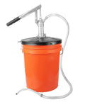 Orange bucket with Lever Action 5 Gallon Bucket Pump For Heavy Transmission Fluid Gear Oil And Lubricants Manual Oil Transfer Pump