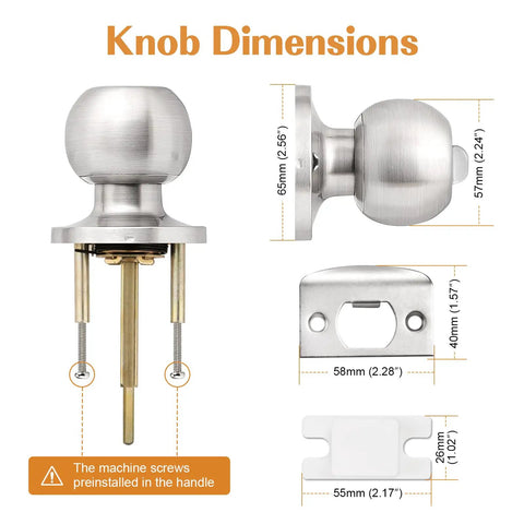 Knob dimensions of Privacy Interior Door Knobs And Bed Bath Levers No Key Needed Brushed Nickel Lockset 8 Pack Easy Install