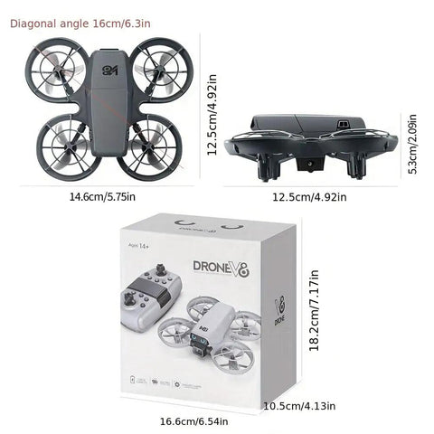 Mini RC Drone With Camera For Easy Night Flying, dimensions and packaging with durable ABS body and full guard propellers shown.