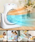 2 In 1 Heater And Fan Combo Portable Desk And Floor Heater with 45 Degree Tilt Air Circulator for Cool Air Two Heat and Two Fan Speeds 1500W Overheat Protection White for Home Office; shown in various settings like desk, bedroom, and living room