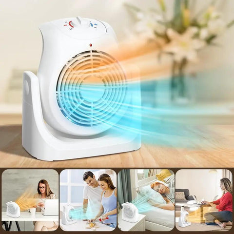 2 In 1 Heater And Fan Combo Portable Desk And Floor Heater with 45 Degree Tilt Air Circulator for Cool Air Two Heat and Two Fan Speeds 1500W Overheat Protection White for Home Office; shown in various settings like desk, bedroom, and living room