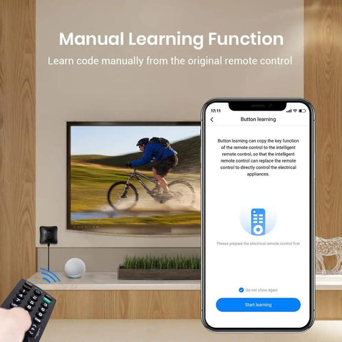 Smartphone displaying RM4 Pro controller app for All In One Smart Home Hub With IR And RF Blaster next to TV with cyclist image.