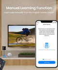 Image of a hand holding a remote beside a smartphone showing a learning function screen, for All In One WiFi Remote Hub With Sensor Cable And Mini Plug For IR And RF Control Of TV STB Projector LED Strips And More With Learnable Automation Compatible With Alexa Google Home And IFTTT.