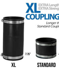 3-Inch Extra Long Flexible Pipe Coupling With Stainless Steel Clamps For DWV Plumbing shown in size comparison