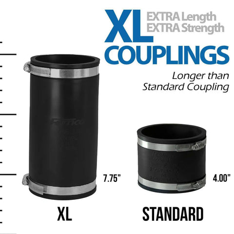 3-Inch Extra Long Flexible Pipe Coupling With Stainless Steel Clamps For DWV Plumbing shown in size comparison