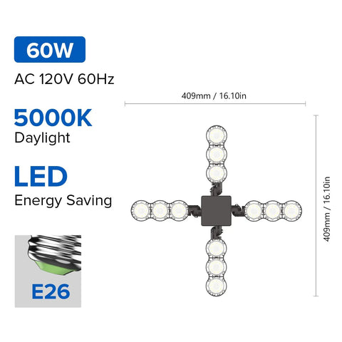 Ultra Bright 60W LED Garage Light With Four Adjustable Panels 6000 Lumens Daylight 5000K E26 Base diagram and specs
