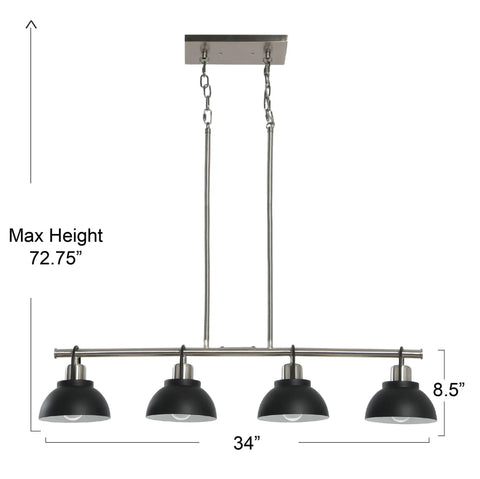 Walsh Four Light Linear Chandelier With Metal Shades In Brushed Nickel And Matte Black Mid Century Vibe Ceiling Fixture With 24 Inch Chains And 12 Inch Rods Hardwired Globe Bulb Compatible