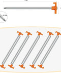 Heavy Duty Tent Stakes 12 Pack 7 Point 1 Inch Non Rust Metal Ground Stakes with orange top shown in a 6 piece layout