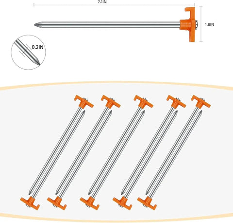 Heavy Duty Tent Stakes 12 Pack 7 Point 1 Inch Non Rust Metal Ground Stakes with orange top shown in a 6 piece layout