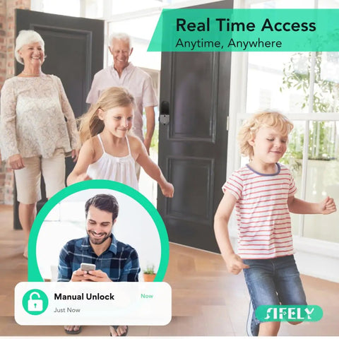 Family entering home using Built In WiFi Fingerprint Smart Deadbolt With Keypad Keyless Entry Lock For Home And Airbnb No Hub Or Gateway Needed Remote App Access Auto Lock DIY Setup Alexa And Google Compatible with manual unlock notification.