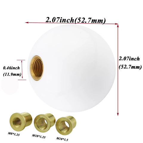 Dope Ball Shift Knob 5 Speed Round Gear Stick Shifter Knob with adapters and measurements shown, white finish, ergonomic grip.