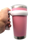 Hand holding pink mug with Anti Slip 20 Oz Tumbler Handle With Comfy Grip For Vacuum Insulated Travel Mugs Fits Yeti Rambler Ozark Trail.