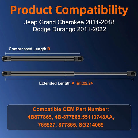 Hood Lift Support Front Hood Strut Replacement For Jeep Grand Cherokee 2011-2021 And Dodge Durango 2011-2022 showing lengths