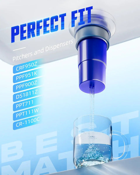 Replacement Water Filter For Pitchers And Dispensers, Adsorbs Ninety Nine Percent Chlorine, Pack Of Six shown in use with water flowing into a glass.