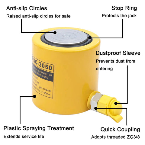 Straight Up Heavy Duty 30 Ton Hydraulic Jack Porta Power Ram Kit With CP 700 Manual Hand Pump Featuring 2 Inch Stroke Mini Cylinder Built Tough Zero Leak Seals Smooth Release Valve Solid Non Slip Handle Yellow with anti-slip features and dustproof sleeve.