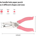 3 Piece Metal Handheld Paper Punch Set With Circle Star Heart Shapes, durable non slip grip, shown with pink handles and size dimensions