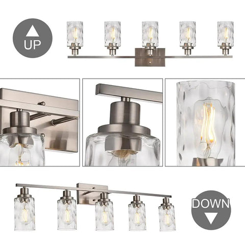 5 Light Brushed Nickel Vanity Light Fixtures With Hammered Glass Shades for Modern Bathrooms, showing various angles and details