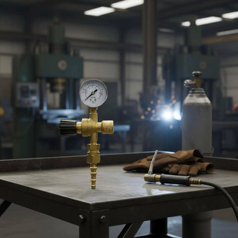 Pro Grade Argon And CO2 Gas Regulator With Brass Frame Single Stage Pressure Controller Easy Turn Knob For Precise Adjustable Output Gauge Included And Smooth Gas Supply For Welding Stations And Field Repairs, brass regulator on welding table