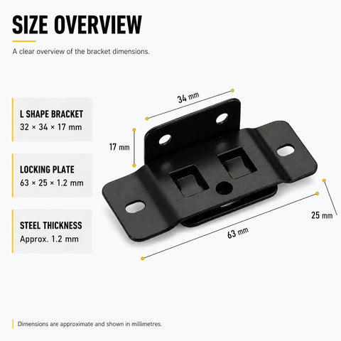 Size overview of Sturdy No Wobble Heavy Duty L Shape Furniture Joint Brackets Kit With Screws Quick Fit Right Angle Corner Braces