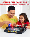 Father and daughter using Advanced Electrical Circuit Board Kit For Kids With 328 STEM Projects On Electricity, Lights, and Sounds.