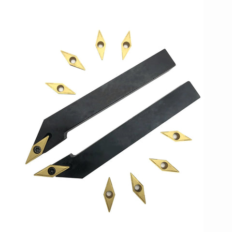 Top view of two 1/2-inch indexable metal lathe turning tool holders with VCMT carbide inserts.
