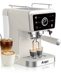 Smooth Semi Automatic Espresso Machine With 20 Bar Pressure And Built In Milk Steam Wand For Rich Crema Extraction Along With A 1.5L Removable Tank For Stress Free Daily Brewing Vibes, featuring two espresso shots being brewed.