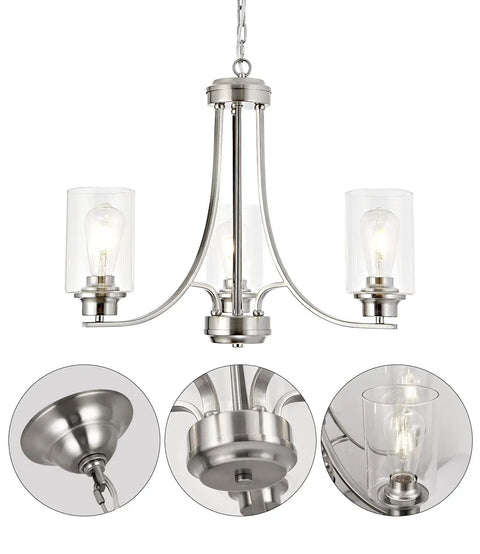 Three-Light Brushed Nickel Chandelier With Clear Glass Shades, Modern Farmhouse Pendant Lighting For Kitchen Island
