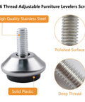 M6 Screw In Adjustable Furniture Levelers 16 Pcs Stainless Steel Swivel Table Glides showing polished surface and deep thread design.