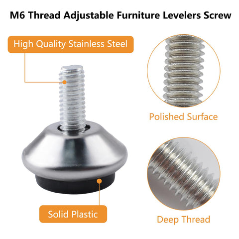 M6 Screw In Adjustable Furniture Levelers 16 Pcs Stainless Steel Swivel Table Glides showing polished surface and deep thread design.