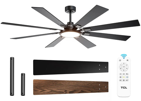 Huge 72 Inch Ceiling Fan With Lights And Remote For Indoor And Outdoor Use, 8 wood blades, remote, and DC motor.