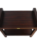 Top view of Teak Shower Bench With Shelf And LiftAide Arms For Safe Shower Mobility Adjustable Foot Pads Durable Solid Teak Bath Bathroom Bench With Drainage Slats Brown