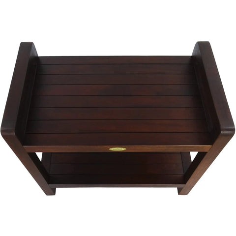Top view of Teak Shower Bench With Shelf And LiftAide Arms For Safe Shower Mobility Adjustable Foot Pads Durable Solid Teak Bath Bathroom Bench With Drainage Slats Brown