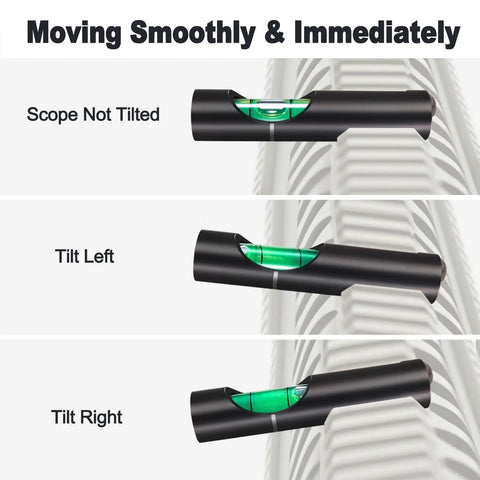 High Precision Bubble Scope Leveling Kit for 20mm rails showing no tilt, left tilt, and right tilt with vial indicator