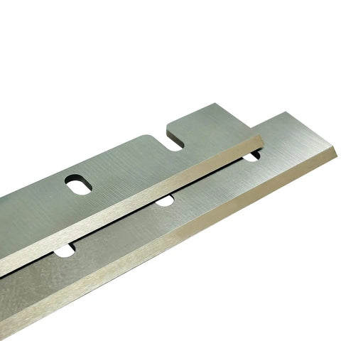 Close-up of 12-1/2 inch planer blades replacement set of 2 high speed steel blades, designed for smooth shavings and long cutting life.