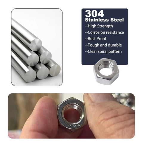 165-Piece SAE Hex Nut Kit in 304 Stainless Steel showcasing corrosion-resistant nuts and material characteristics.