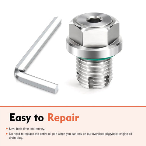 Heavy Duty Stainless Steel Oversize M14 X 1.5 Piggyback Oil Drain Plug For Cars With Self Tapping Thread Fix And Free L Wrench Plus O Ring Seal, with wrench