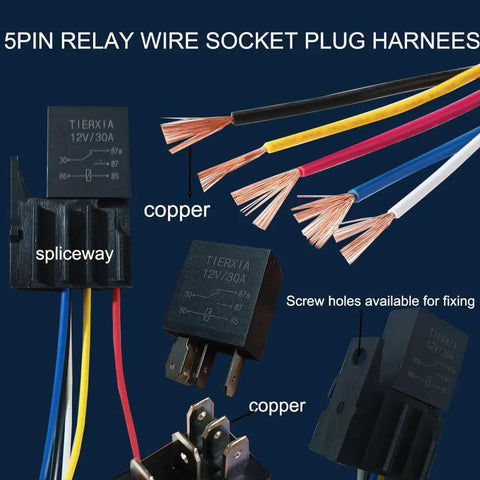 5 pin relay wire socket harness showing copper wires and plug connections, part of 12V 30A SPST automotive relay kit two pack