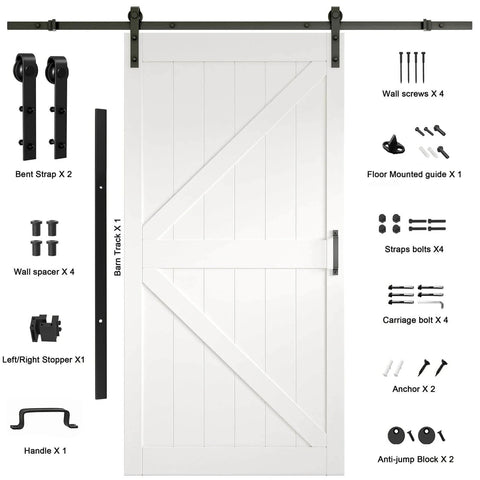 Sliding Barn Door Kit With Pre Drilled Holes And No Fuss Easy Assembly 42 By 84 Inch White MDF Slab With Waterproof Paint Finish Includes 7 Foot Sliding Hardware And Sturdy K Shaped Frame For Quick Install shown with hardware.