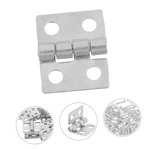 Close-up of silver finish miniature hinge from Lil Copper Miniature Hinges With Screws Pack Of 100 For Dollhouses And Tiny Boxes 10x8mm.