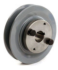 Heavy Duty Cast Iron 4.5 Inch Single Groove Belt Pulley 5L B Section with seven eighths inch bushing shown at an angle