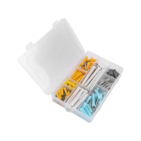 Open box of 200 Piece Self Tapping Screw Kit With Anchors In Stainless Steel For Home Kitchen And Furniture Repairs, Includes 10 Sizes In 4 Colors